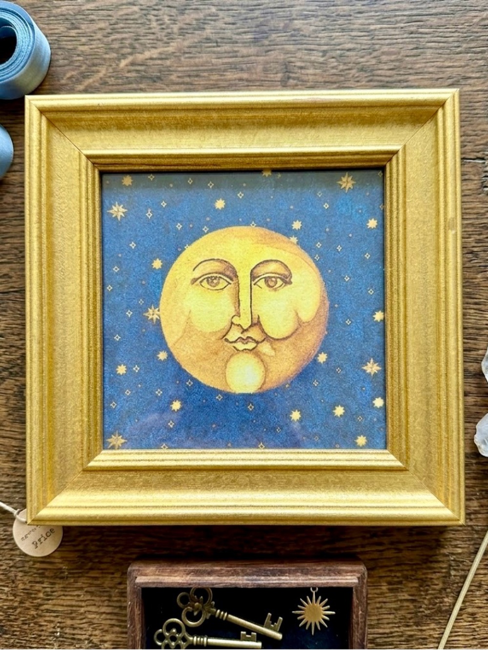 Vintage 90s Celestial Sun Face Framed Art | Whimsigoth Gold Man in the Moon